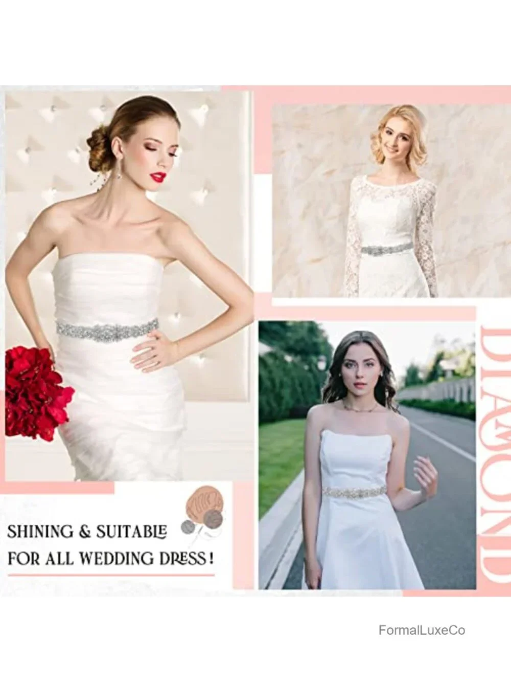 Bridal Belt Wedding Dress Rhinestone Crystal Sash with Organza Adjustable